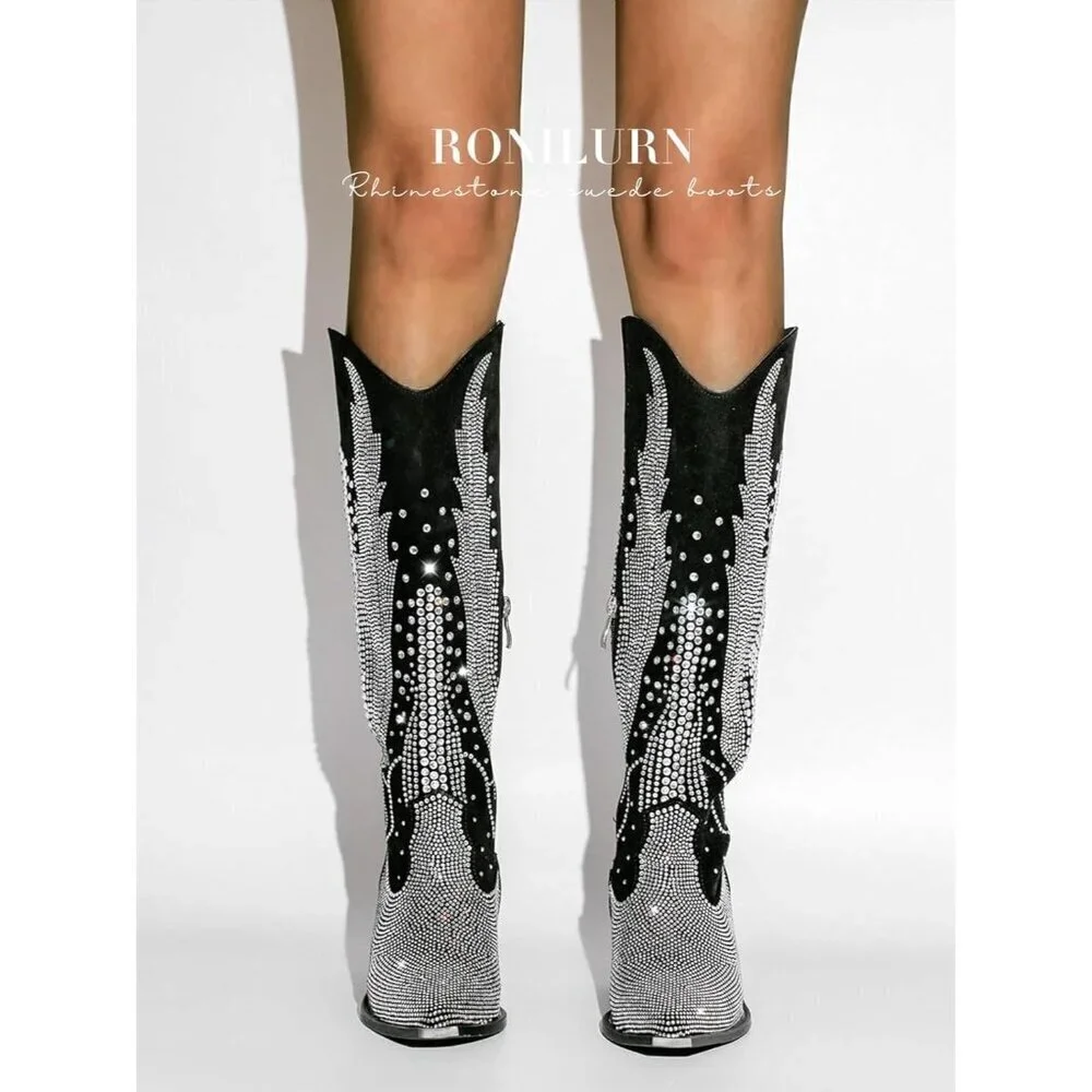 Women Polyurethane Black Knee High Pointed Toe Chunky Heel Rhinestone Boot